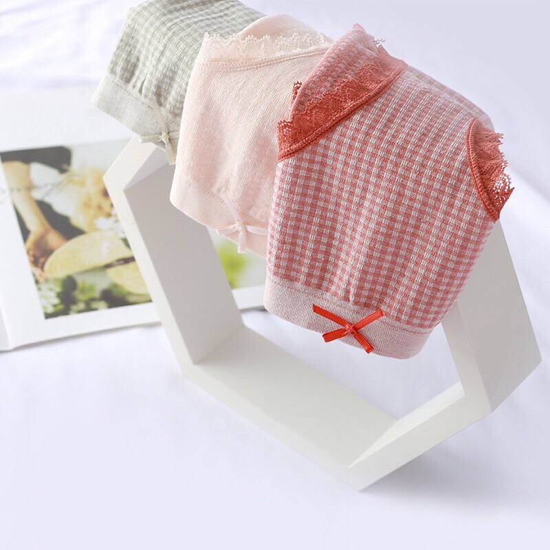 Quần Lót Cotton Co Giãn 4 Chiều Kẻ Caro Viền Ren Dễ Thương 555