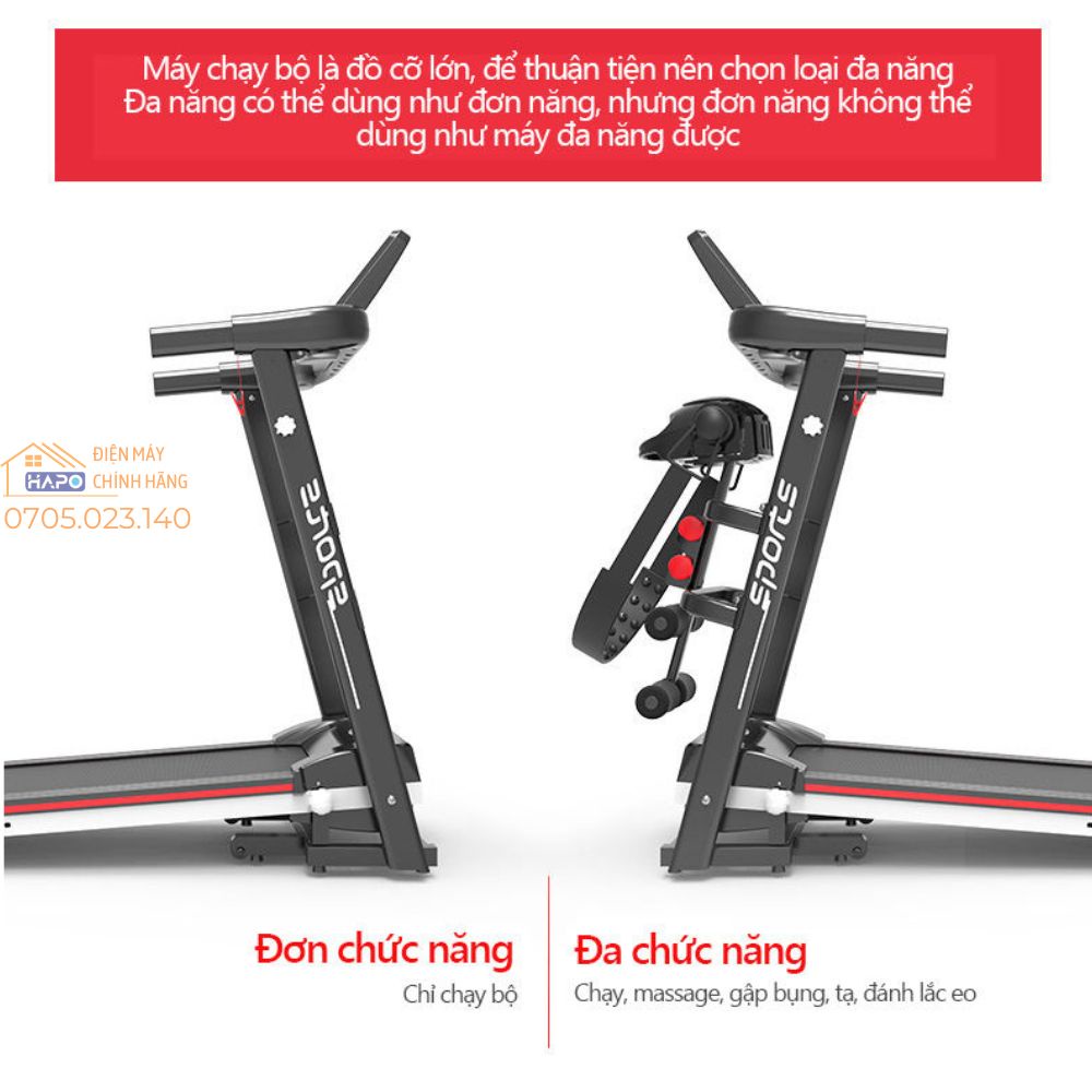 Máy chạy bộ đa năng A7S gấp gọn tại nhà, động cơ 2HP chống rung lắc, Máy tập gym kèm đai massage và tạ