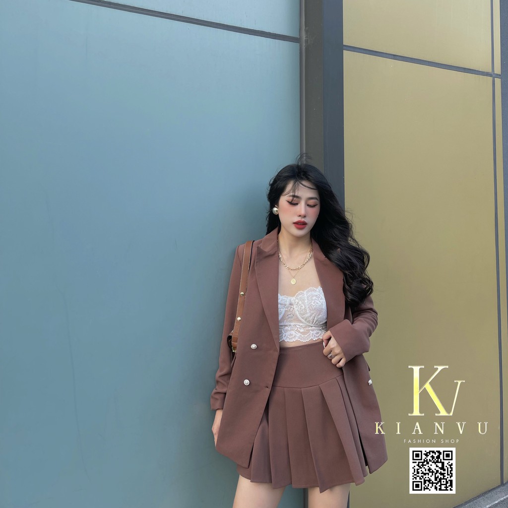 Set áo blazer dáng dài mix chân váy xếp li - Kianvu