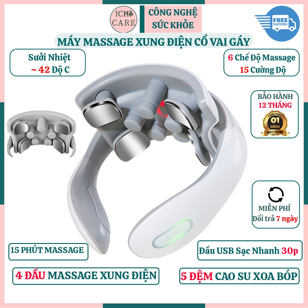 Máy massage cổ vai gáy xung điện sưởi nhiệt chính hãng ICHICARE 4 đầu massage xung điện,5 đầu cao su rung cao tần.