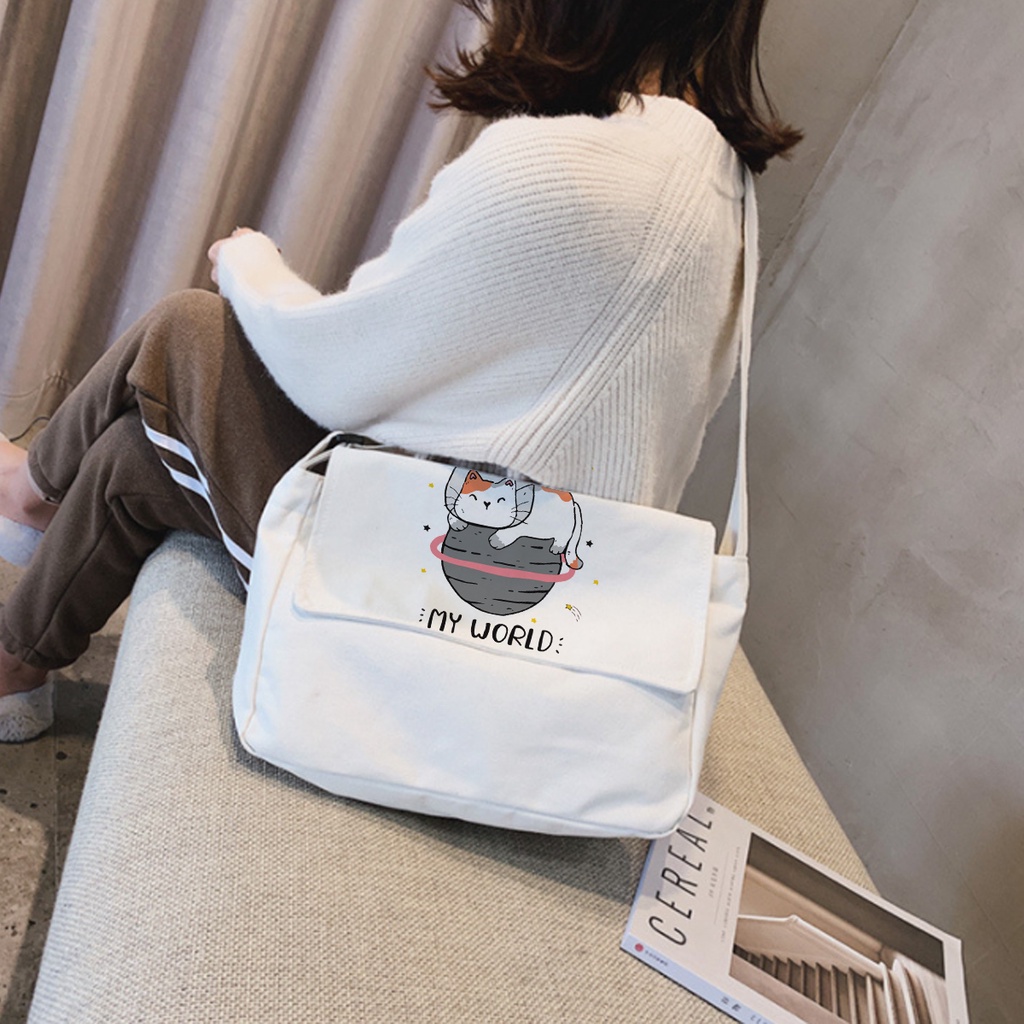 Túi Tote Đeo Chéo Vải Canvas Mèo My World Phong Cách Ulzzang