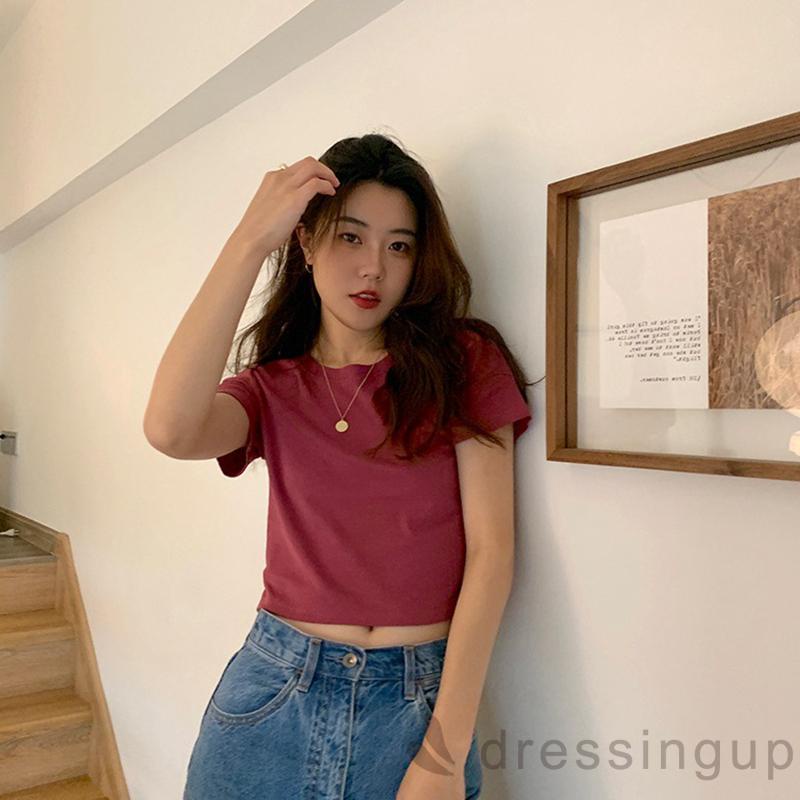 Áo Thun Tay Ngắn Cổ Tròn Màu Sắc Đơn Giản Dành Cho Nữ