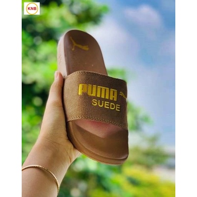Dép 𝐏𝐔𝐌𝐀 ❤️FREESHIP + Hộp❤️ dép unisex 𝐌𝐋𝐁 quai ngang bóng chày thể thao nam nữ in PUMA da lộn, đế IP bền nâu đế nâu
