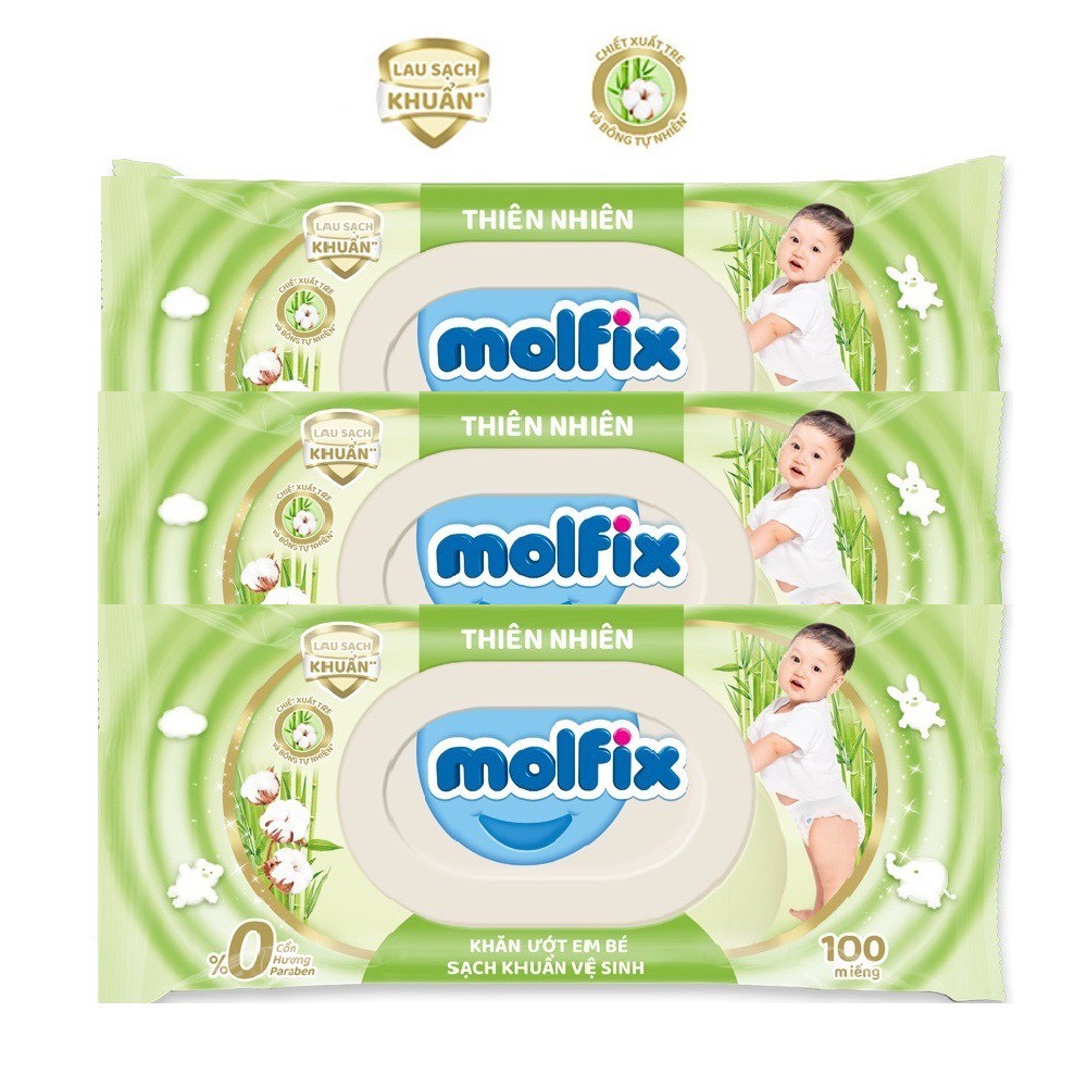 Khăn ướt Molfix 100 tờ thiên nhiên sạch khuẩn dịu nhẹ tươi mát với bông Organic tự nhiên hộp 100 tờ