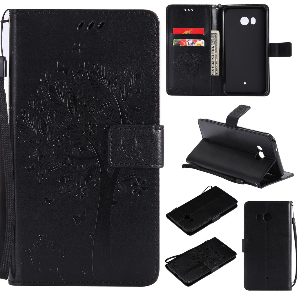 Bao da điện thoại dập họa tiết cây và mèo dễ thương cho HTC U11