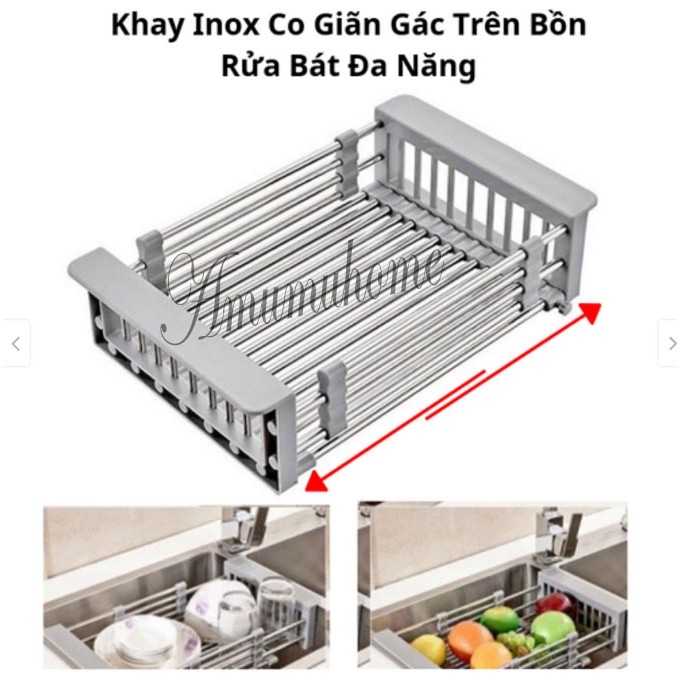 Khay inox gác bồn rửa chén co giãn tiện dụng