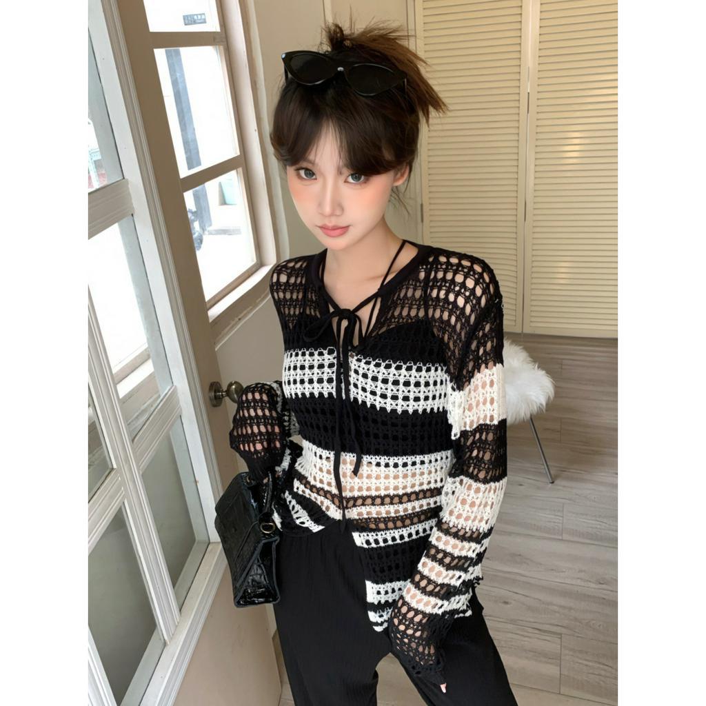 Áo Dệt Kim Tay Dài Dáng Rộng Họa Tiết Kẻ Sọc Thời Trang Cho Nữ