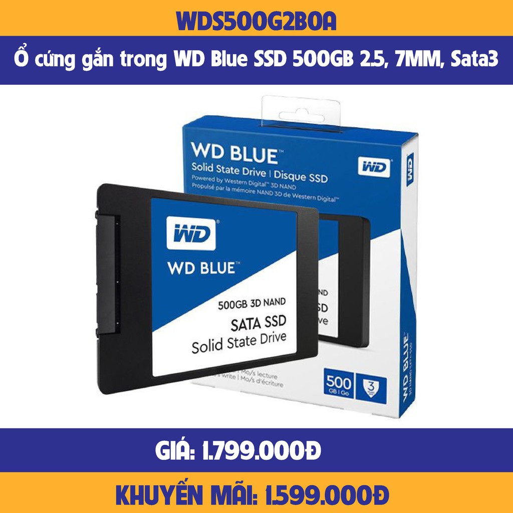 Ổ cứng SSD WD Blue 500GB SATA 2.5 inch (Đọc 560MB/s - Ghi 530MB/s) - (WDS500G2B0A)-hàng chính hãng