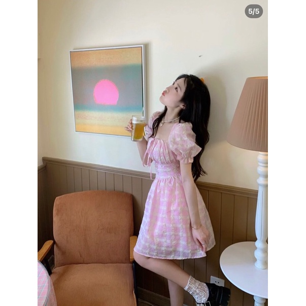 💥CÓ SẴN💥 Đầm carro hồng nhíu ngực công chúa kute ♥️ẢNH THẬT♥️