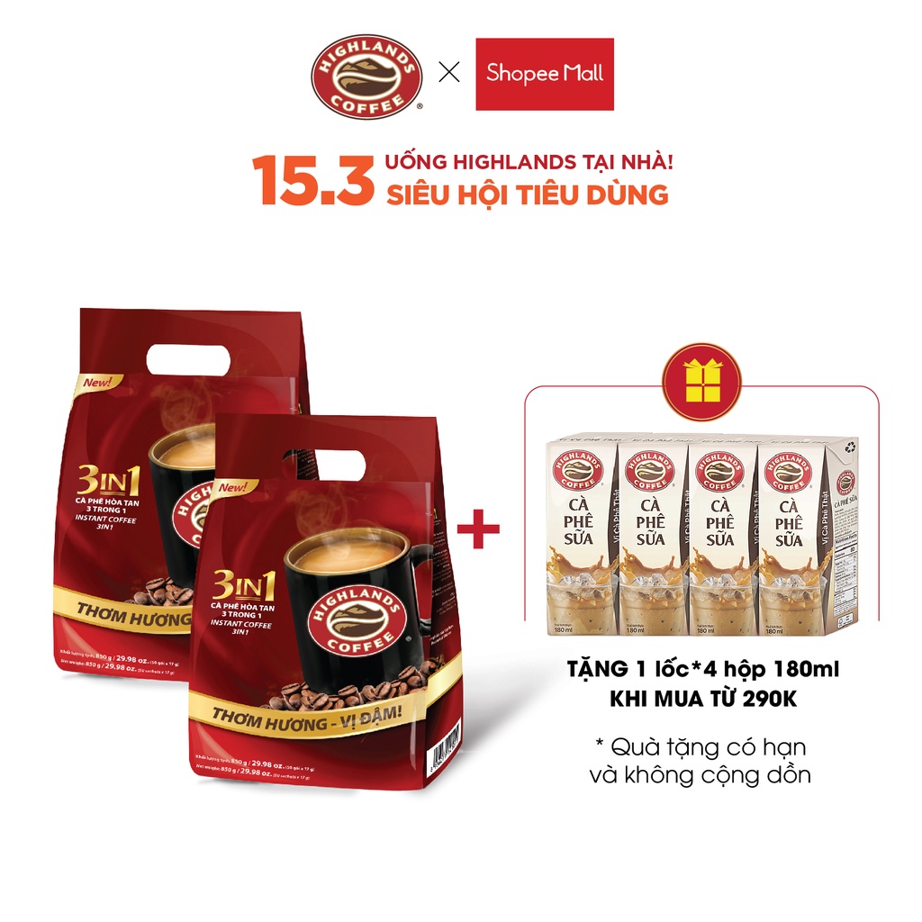 COMBO 2 Túi Cà Phê Highlands Coffee 3in1 Hòa Tan (50 Gói/túi x 17g/gói)