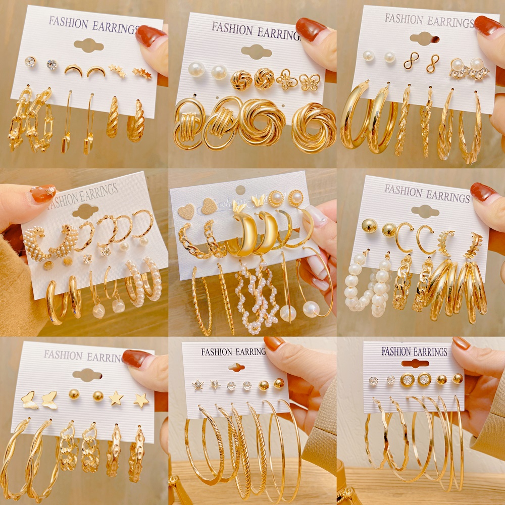 9đôi / bộ bông tai vàng thời trang pha lê ngọc trai xoắn bộ Hoa tai phụ kiện trang sức cho nữ