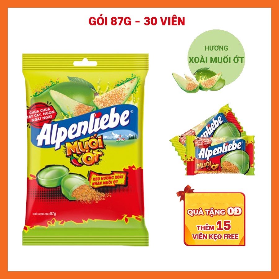 Kẹo xoài nhân muối ớt Alpenliebe gói 87g 30 viên, Kẹo alpenliebe 5 hương mới nhất