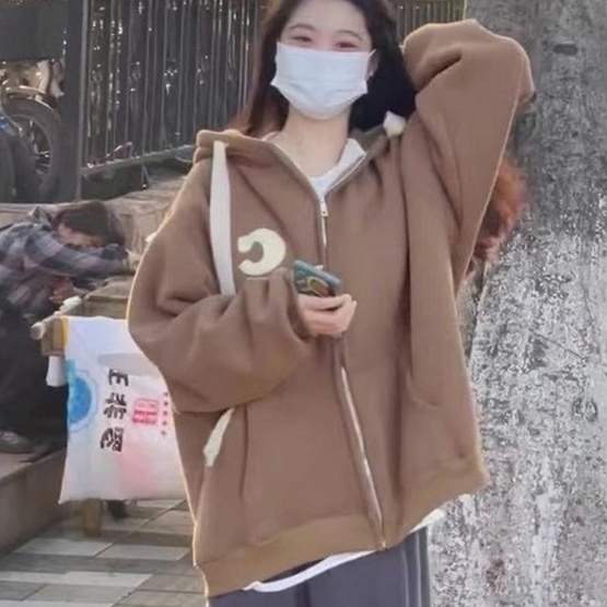 ZHELIHANGFEI Áo Khoác Tay Dài Có Nón Phối Khóa Kéo Phong Cách Nhật Bản