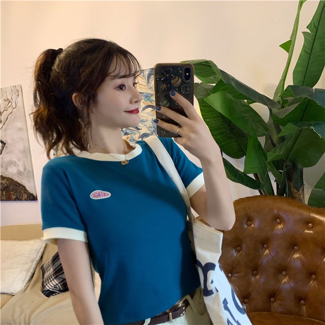 Mùa hè phong cách Hàn Quốc tương phản khâu áo lụa băng kết hợp tất cả các thun mỏng ngắn tay sơ mi nữ đáy quần