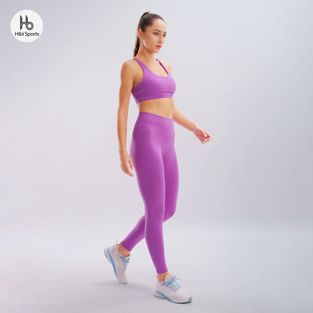 Set đồ tập yoga gym Luxury Hibi Sports H145 4 dây đan VX, size mới, màu Tím kèm mút ngực, vải cao cấp Hi Fabric