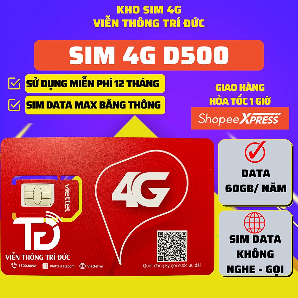 Sim 4G Viettel Trọn Gói 1 Năm D500/D500T/12UMAX50N, Vinaphone D500 Data 5Gb/Tháng, Sim 4G 1 Năm Data Không giới hạn