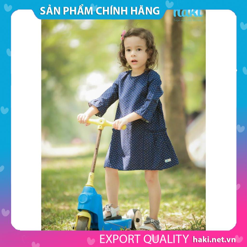 Váy bé gái thô nhún sườn hai tầng HK494 - Xanh navy in họa tiết-HAKI