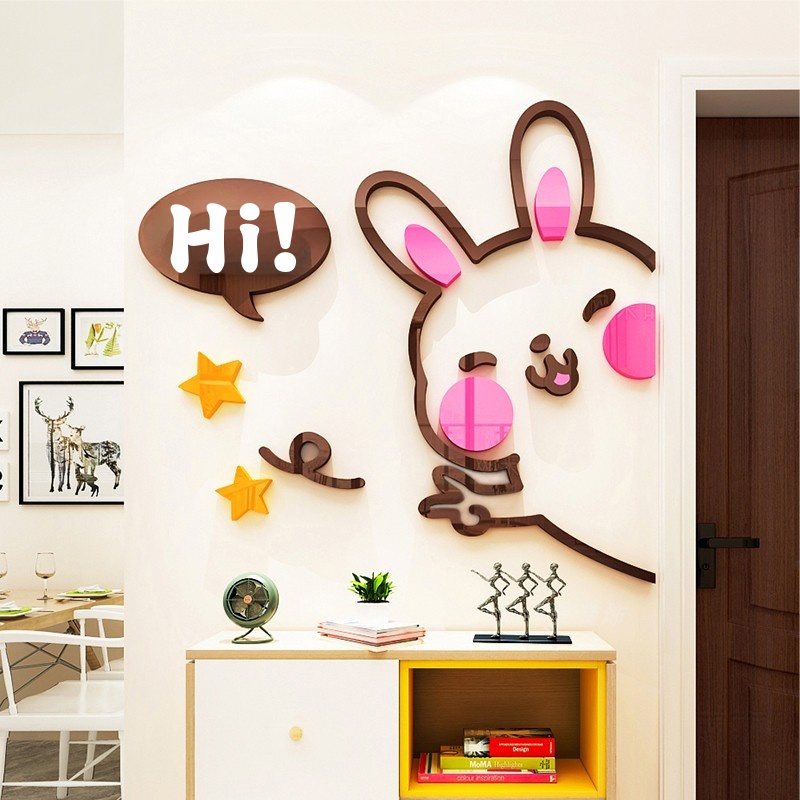 Tranh mica dán tường - Thỏ Con, cún con Hi trang trí cửa ra vào, cửa hàng, quán ăn, địa điểm kinh doanh