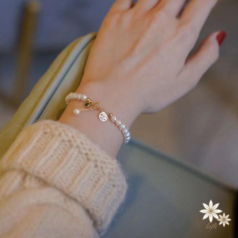 Vòng tay may mắn đính hạt ngọc trai phong cách Trung Hoa cổ điển cho nữ