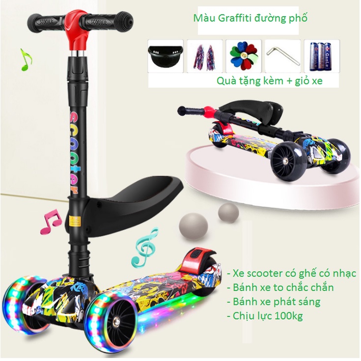 Xe scooter graffiti có ghế bánh xe phát sáng, có nhạc