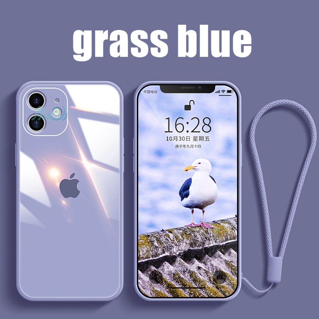 【Free Lanyard】Macaron Casing iPhone 11 12 Pro MAX XS MAX XR X 6 6S 7+ 8 Plus SE 2020 Tempered Glass Case Square Silicone back cover