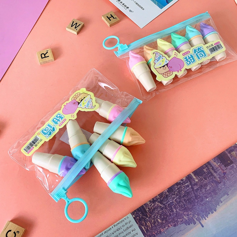 Bộ 6 Bút Dạ Quang Mini Hình Cây Kem Hoạt Hình Đáng Yêu