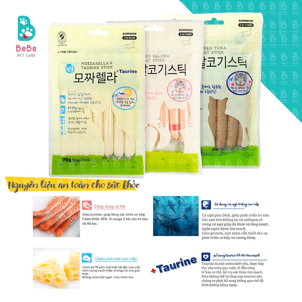 Xúc Xích Phô Mai &amp; Thịt Xông Khói Cho Mèo BOWWOW 70GR