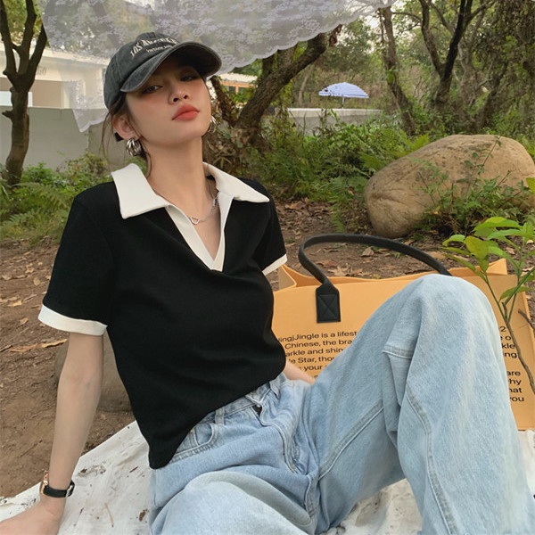 Áo polo Ngắn Tay Phối Màu Tương Phản Thời Trang Mùa Hè Hàn Quốc Cho Nữ