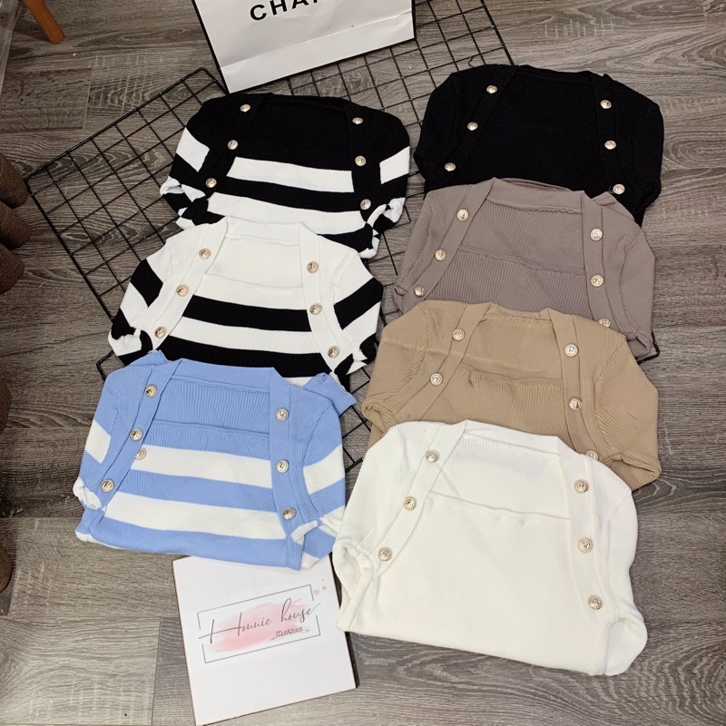 Ảnh Thật  áo len vạt tôm cổ vuông mix khuy đồng sang chảnh