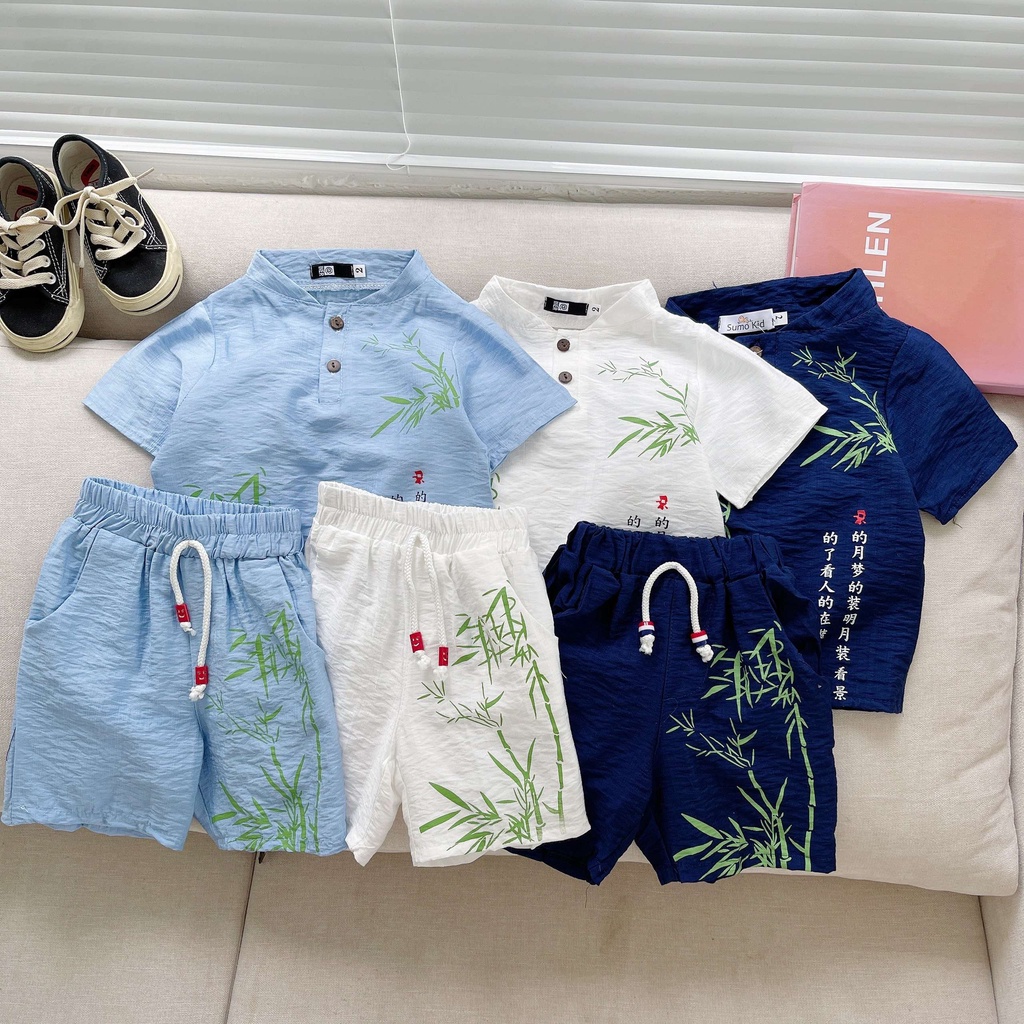 Bộ đồ bé trai cộc tay vải đũi in hình cây tre quần đùi cho trẻ mặc đi chơi SUMO KIDS Quần áo trẻ em