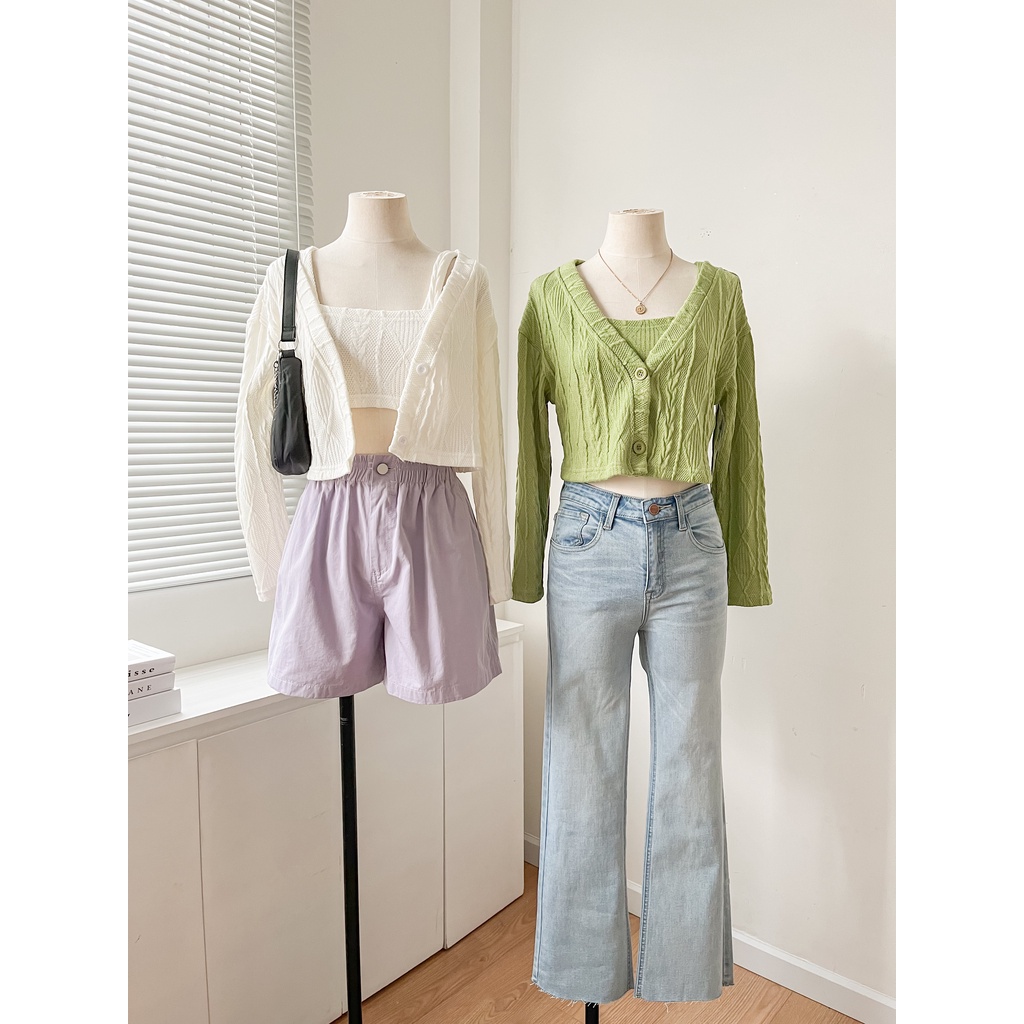 Set áo cardigan tay dài croptop len vặn thừng trơn 2 màu LENCLOTHING 8757