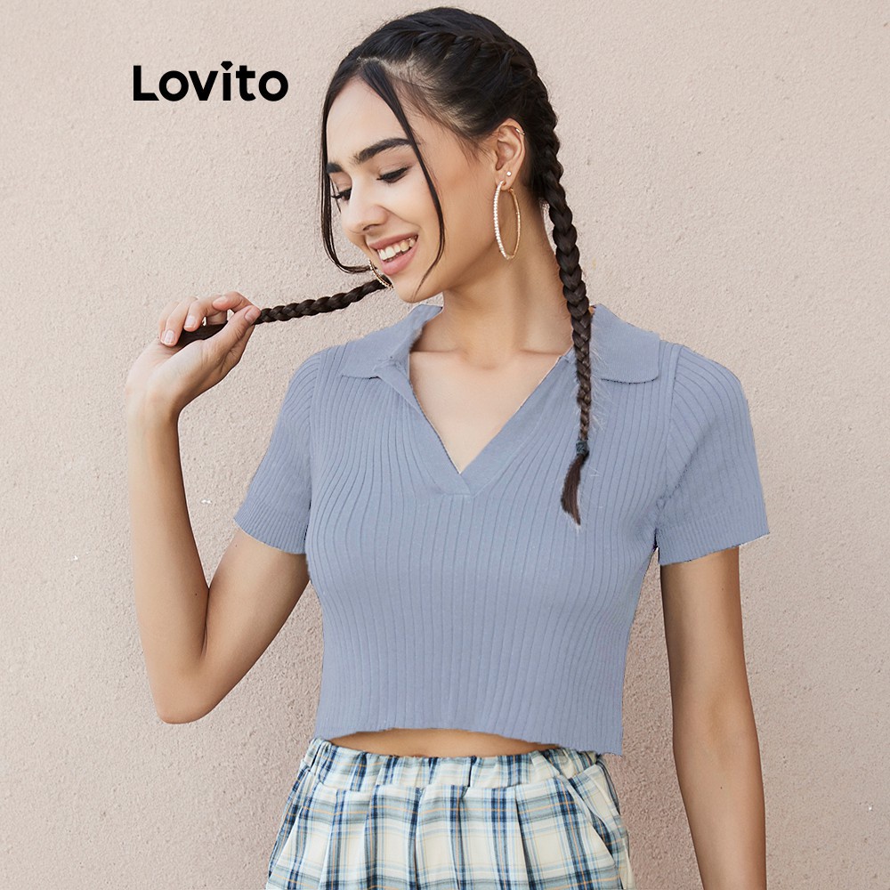 Áo croptop Lovito có cổ thời trang L02083 (Màu đen) | BigBuy360 - bigbuy360.vn