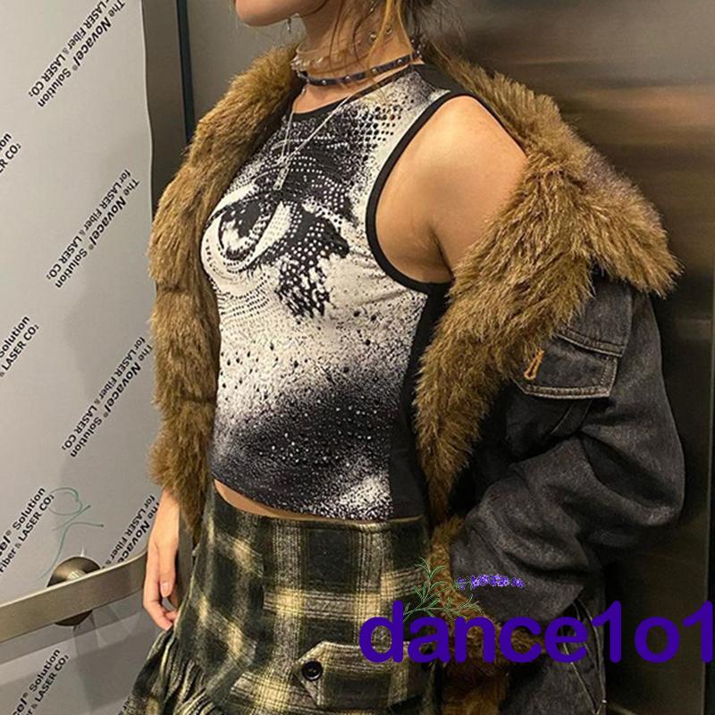 Áo tanktop cổ tròn họa tiết mắt đính đá thời trang cho nữ