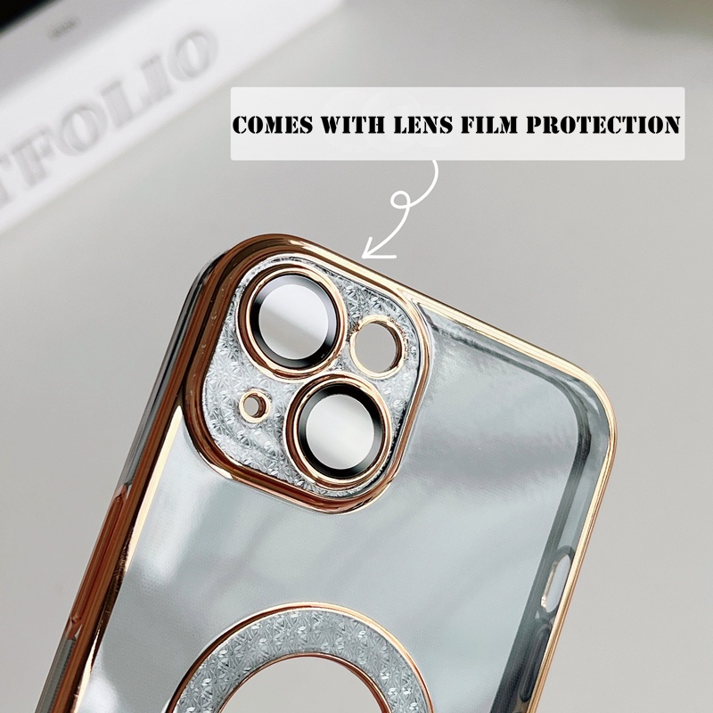 Ốp Điện Thoại Dẻo Đính Đá Lấp Lánh Sang Trọng Kèm Phim Bảo Vệ Lens Cho iPhone 13 Pro max 12 Pro max 11 Pro max
