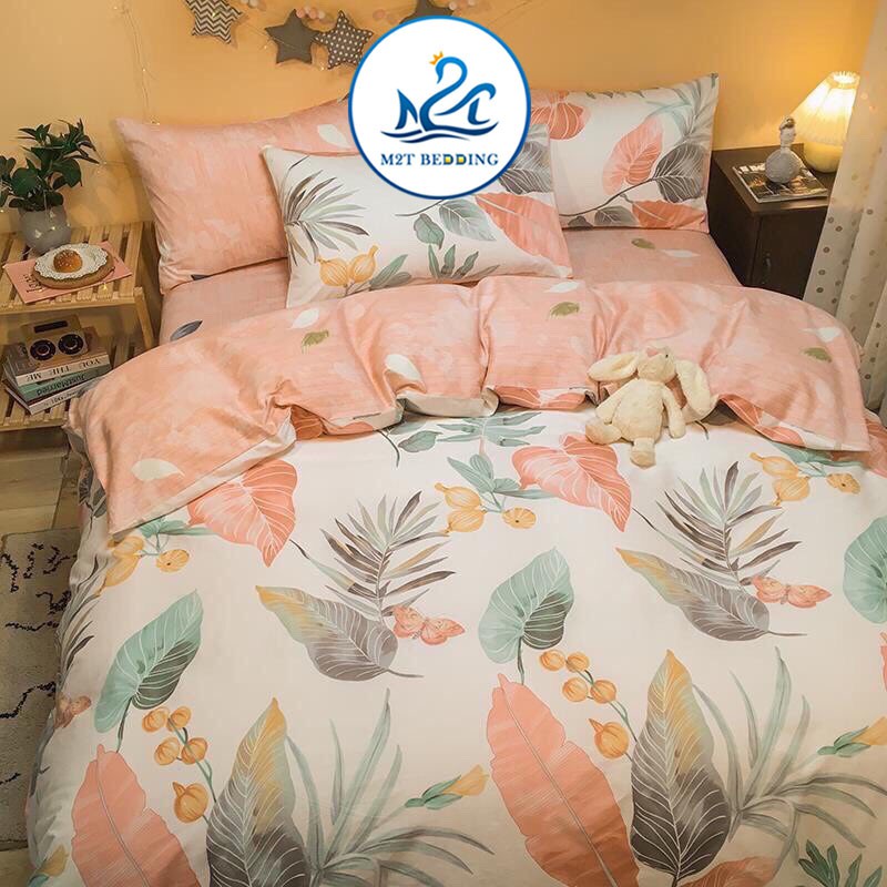 Bộ chăn ga gối Cotton poly M2T Bedding Lá đỏ, vỏ chăn mền, drap nệm và 2 vỏ gối | BigBuy360 - bigbuy360.vn