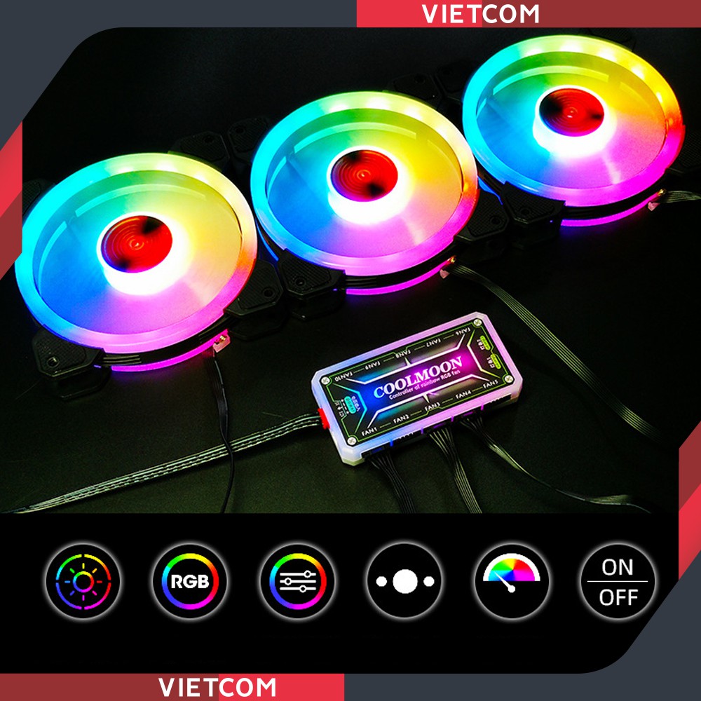 [ 12 MẪU FAN ] Fan Led RGB Coolmoon + Bộ Hub Coolmoon và điều khiển - Led RGB 16 Triệu Màu, 366 Hiệu Ứng