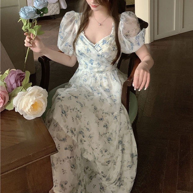 Đầm Voan Hoa Ngắn Tay Cổ Chữ V Thời Trang Mùa Hè Pháp Dành Cho Nữ 2022