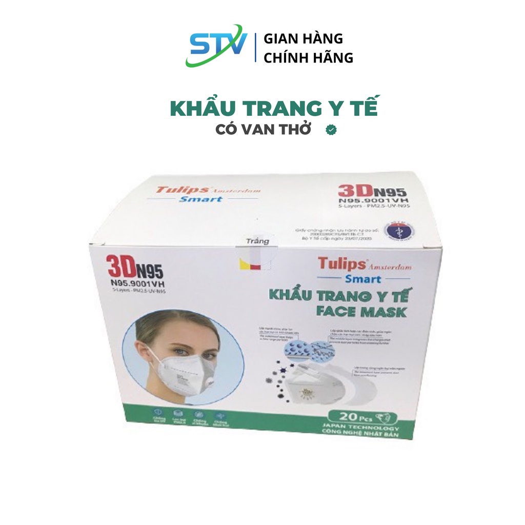 Khẩu Trang Y Tế 3D N95 Tulips Có Van Thở Chính Hãng Hộp 30 Cái
