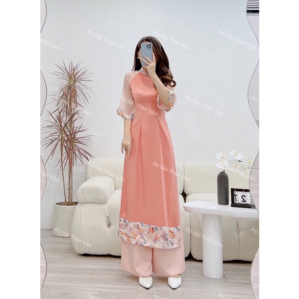 Áo dài cách tân Bách Hoa Xuân màu hồng cam-AD005