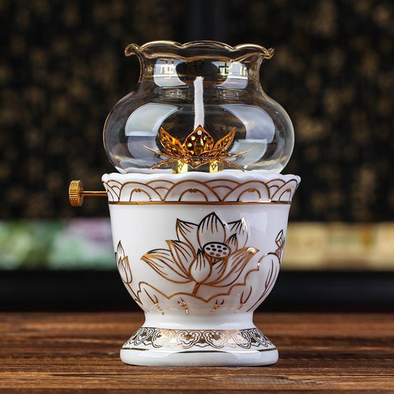 Đồ Thờ Cúng Sứ Trắng Hoa Sen Vàng Cao Cấp Nhập Khẩu gồm Bát hương, ly nước, đĩa thờ, lọ hoa, đèn dầu...