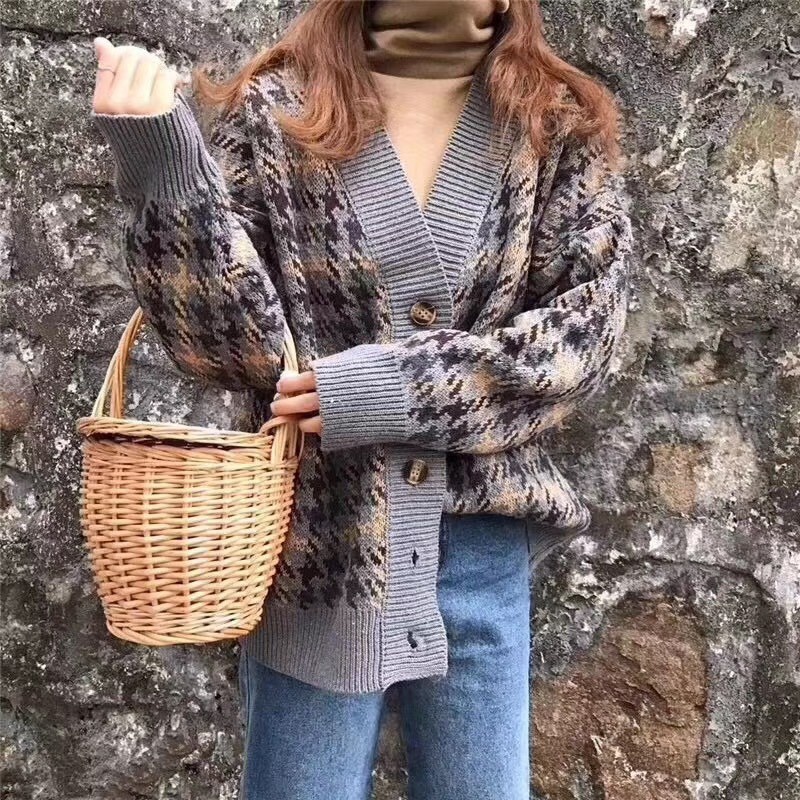 Áo Cardigan Len Tay Dài, Khoác Nữ Hoạ Tiết Trám Lông Cừu Mềm Phối Quần, Chân Váy Xinh