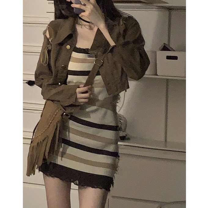 Porozi Áo khoác kaki tay dài/ đầm dáng ôm kẻ sọc  thời trang Hàn Quốc dành cho nữ