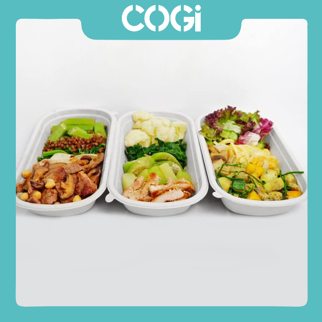 50 hộp bã mía dài 2 ngăn kèm nắp nhựa pet hoặc nắp bã mía 750ml dùng 1 lần chính hãng cogi đựng cơm văn phòng