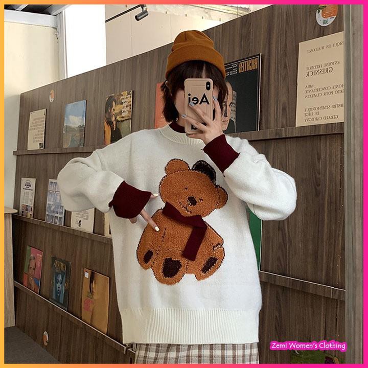 Áo Len Nữ, Áo Len Họa Tiết Gấu Cổ Tròn Form Rộng Dễ Thương Ulzzang | BigBuy360 - bigbuy360.vn