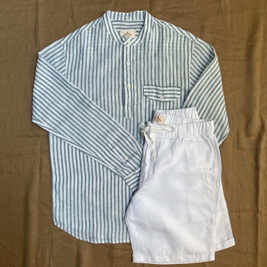 Áo Sơ Mi Nam Cổ Trụ Tay Dài Linen Tưng Sọc