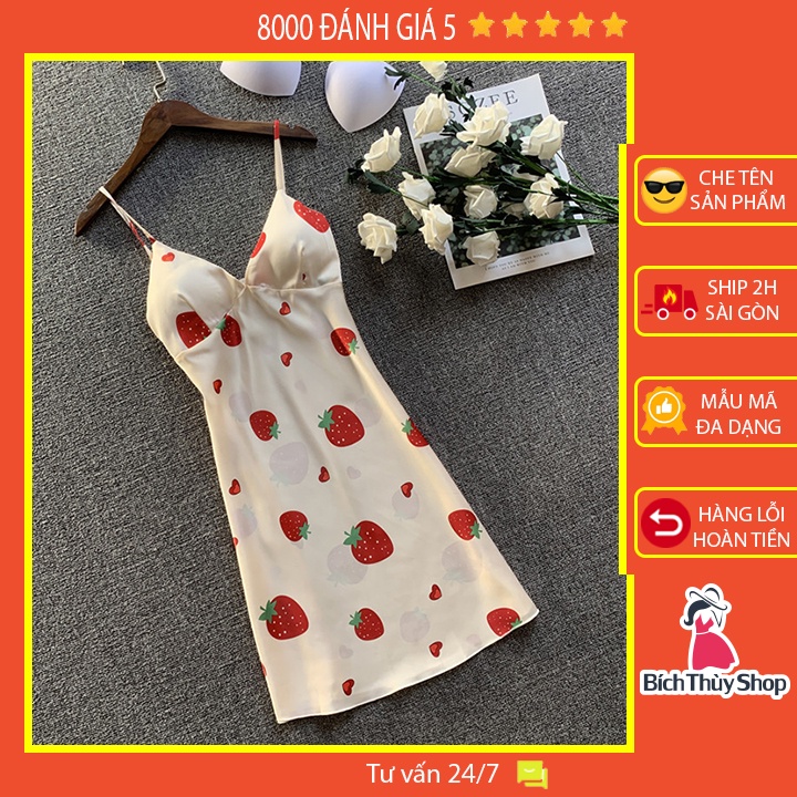 Váy ngủ lụa cao cấp 2 dây họa tiết dâu tây dễ thương có kèm mút ngực với hình thật shop chụp