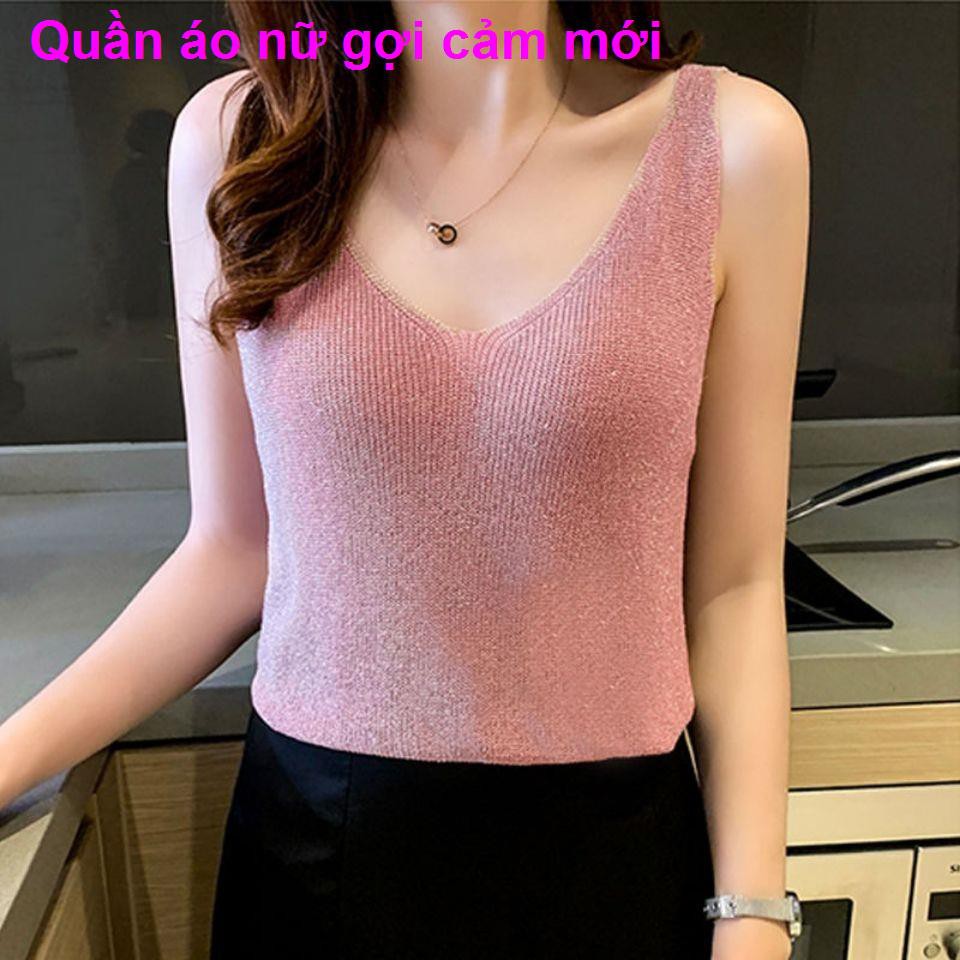 mùa hè mới 2021 áo sơ mi nữ vải lụa dệt kim đáy từ cổ v-cổ vest không tay sexy lửng phù hợp tất cả các kết