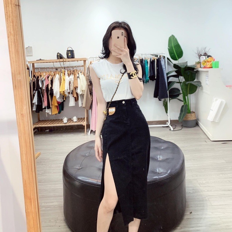 [Ảnh thật/Sẵn/Video]Chân váy denim skirts xẻ vạt logo nâu chuẩn hàng Quảng Châu