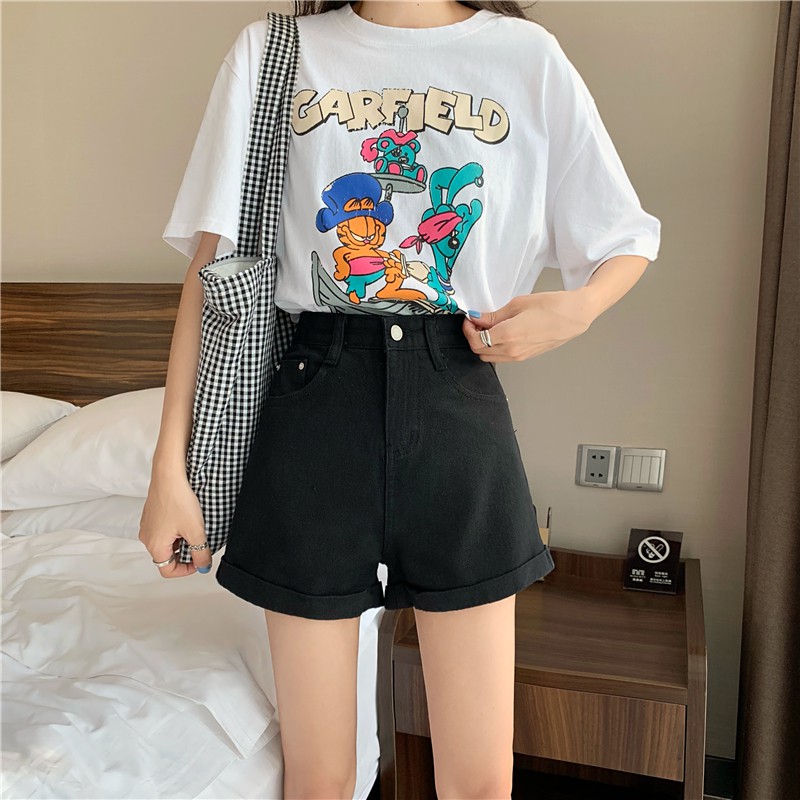  Xiaozhainv Quần Short Denim Nữ Lưng Cao Ống Rộng Phong Cách Hàn Quốc