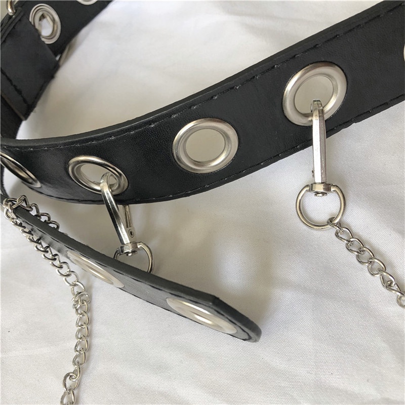 Thắt lưng da, Dây nịt nam nữ trẻ trung lỗ to màu đen trang trí dây chain